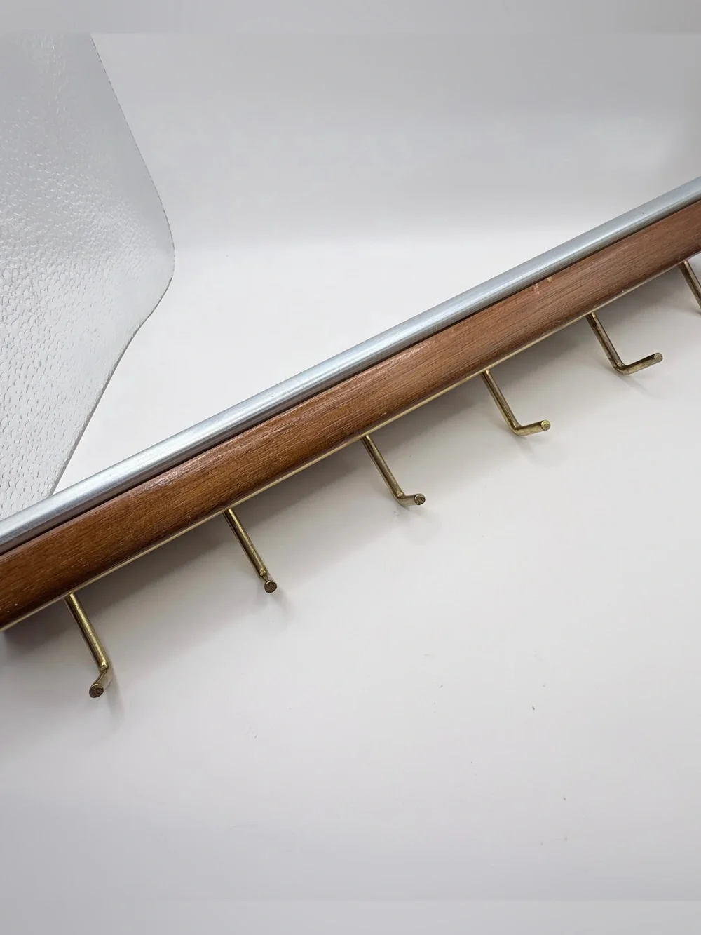 Vintage Wood and Brass 6 Hook Wall Rack - Brown and Gold sliding mount